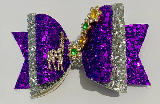 Purple and silver giraffe glitter bow clip