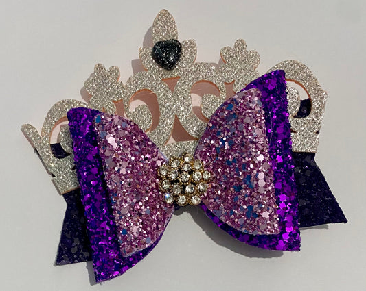 Purple glitter bow clip with crown decoration