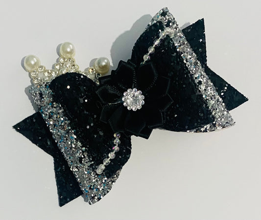 Black and silver hair bow with crown detail